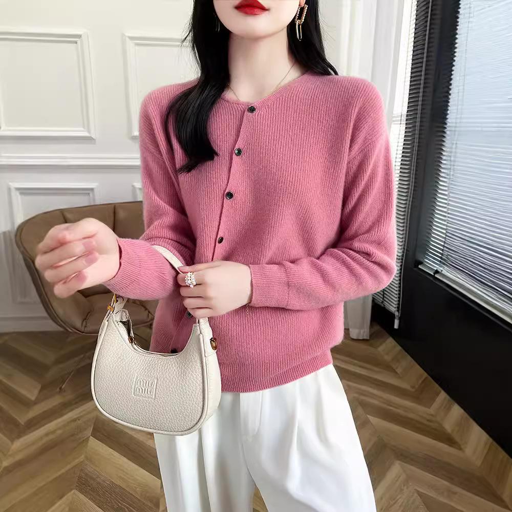 Autumn/Winter Wool Round Neck Asymmetrical Button Cardigan - Women's Loose Solid Color Cashmere Knitwear