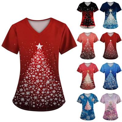 Dámský vánoční uniformní top s kapsami do V s krátkým rukávem