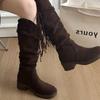 2025 Herbst Retro Stiefel Quasten Ritterstiefel Damen Dicke Ferse Aber Kniestiefel Schmale Plüschstiefel Hohe Stiefel Damen