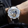 OLEVS Men's Mechanical Automatic & Manual Leather Fashion Watch Blue Skeleton Moon Phase Waterproof
