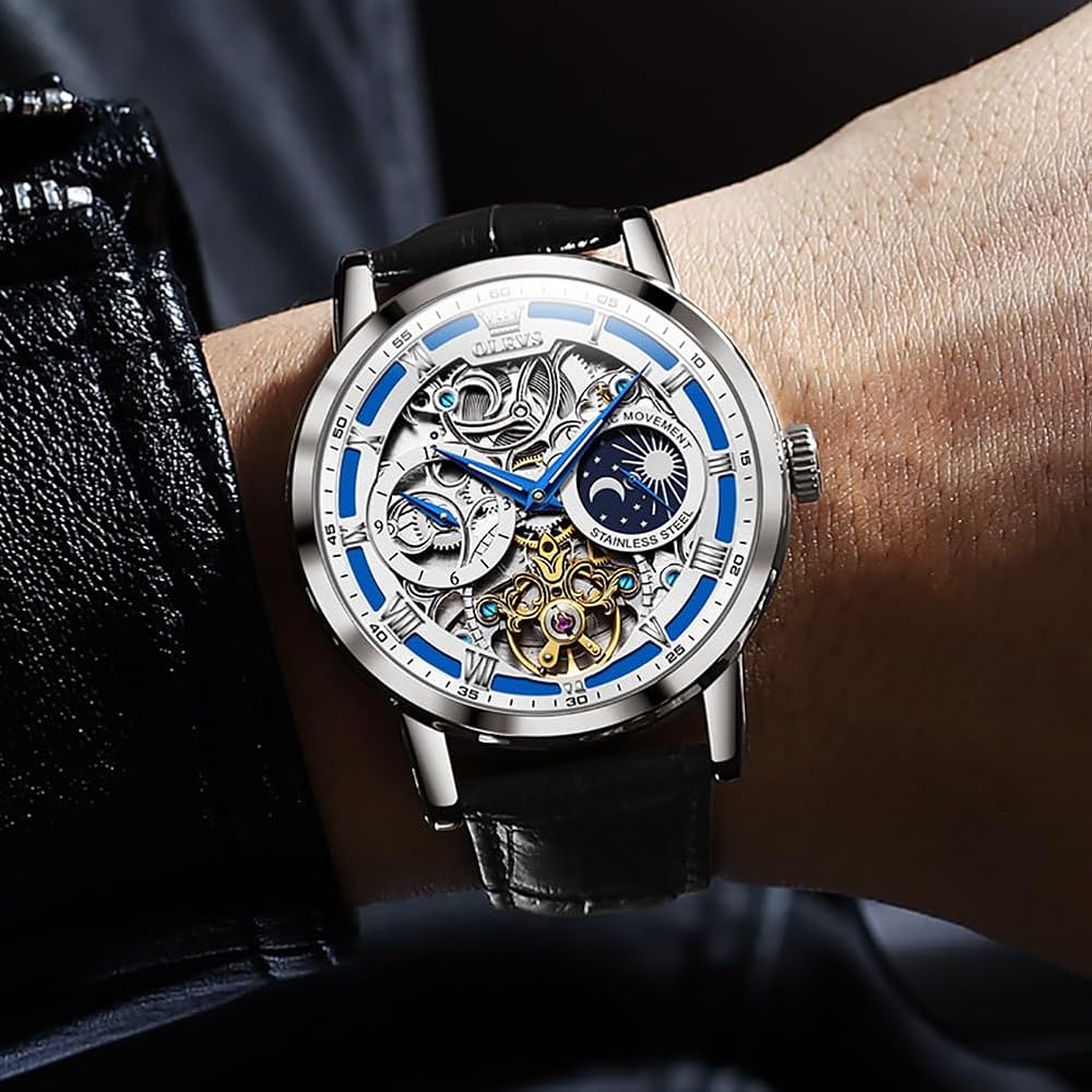 OLEVS Men's Mechanical Automatic & Manual Leather Fashion Watch Blue Skeleton Moon Phase Waterproof