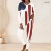 Women Plus Size Round Neck Long Sleeve Red White Blue Flag Printed Longline Top Fitted Pants Two Piece Set