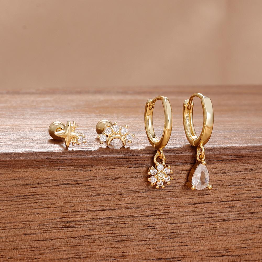 4PCS Luxury Star Moon Stainless Steel Zircon Stud Earrings Set For Women Simple Flower Earring Classic Huggie Daily Jewelry