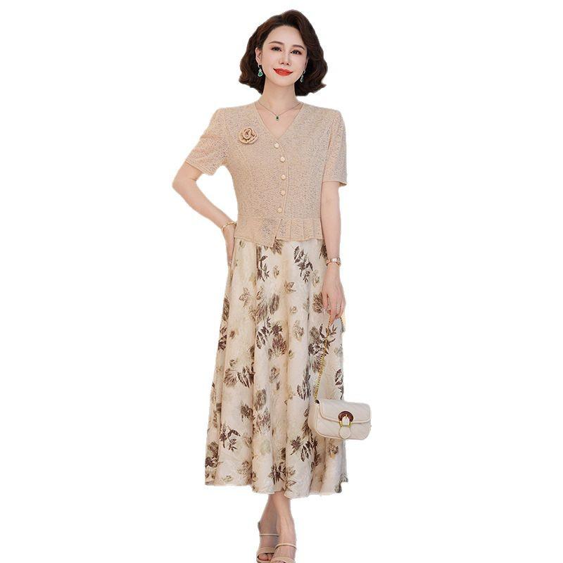 2025 Summer Slimming Short-Sleeve Midi Dress for Middle-Aged & Elderly Women