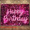 2D Pink Sequin Neon Happy Birthday Backdrop Banner Photography Background for Party Decor