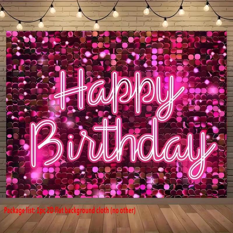 2D Pink Sequin Neon Happy Birthday Backdrop Banner Photography Background for Party Decor