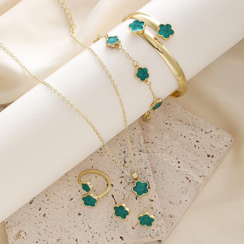 Womens' Five-Leaf Clover Jewelry Set: Versatile 5-Piece Set with Lucky Flower Necklace, Earrings, and Hand Jewelry