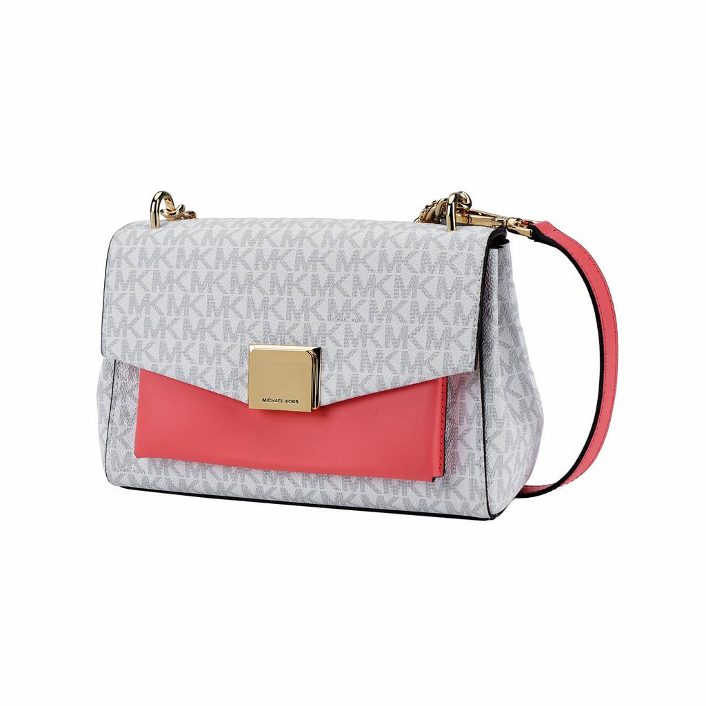 New MICHAEL KORS Lita Canvas Shoulder Bag, Crossbody Bag, Handbag Medium Women's White & Rose Red 35T0GXPL2B-604