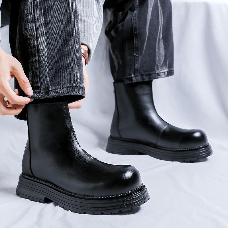 British Style Men Casual Party Nightclub High Chelsea Boots Natural Leather Shoes Cowboy Platform Boot Big Toe Motorcycle Botas