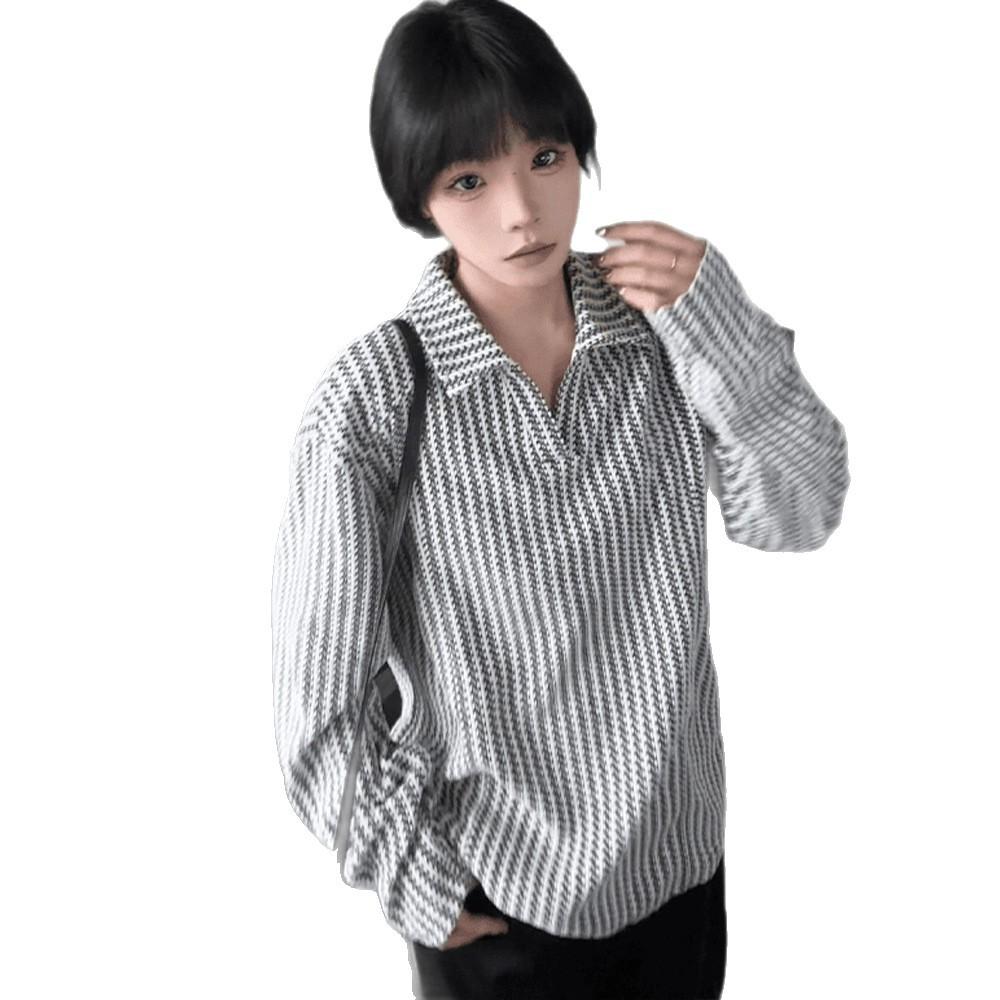 Men's Autumn Trend Brand American Bottom Shirt Black and White Striped Long Sleeves