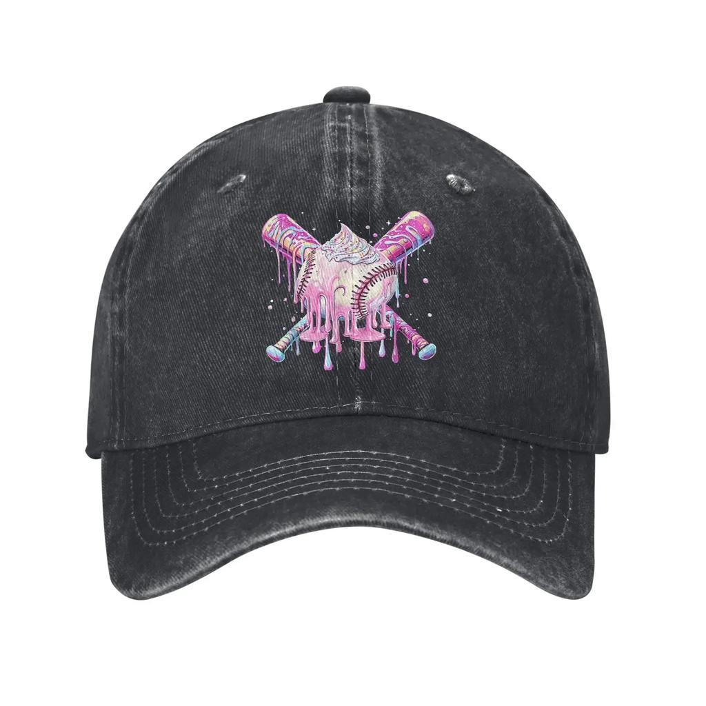 Fashion Baseball Bat Ice Cream Watercolor Baseball Cap for Unisex Women Distressed Washed Headwear Adjustable Fit Caps Hat