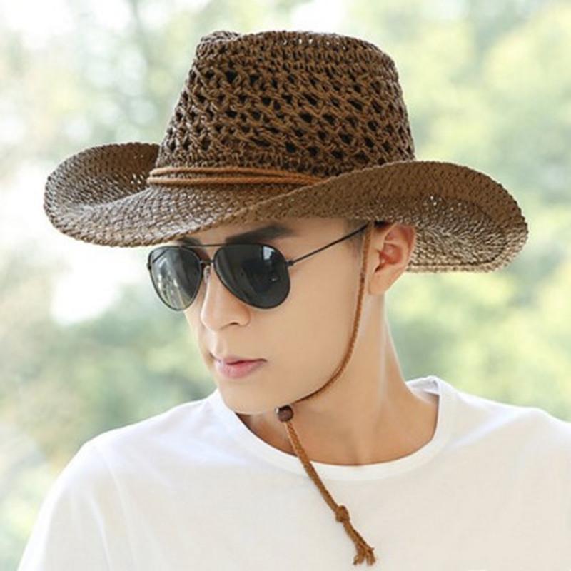 Men Hollow Woven Cowboy Straw Hat Wide Brim Windproof Chin Cord Breathable Outdoor Fishing Travel Sun Cap