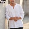 Men's White Linen Blend Notch Neck Tunic - 3/4 Sleeve Loose Fit Breathable Casual Minimalist Everyday Top