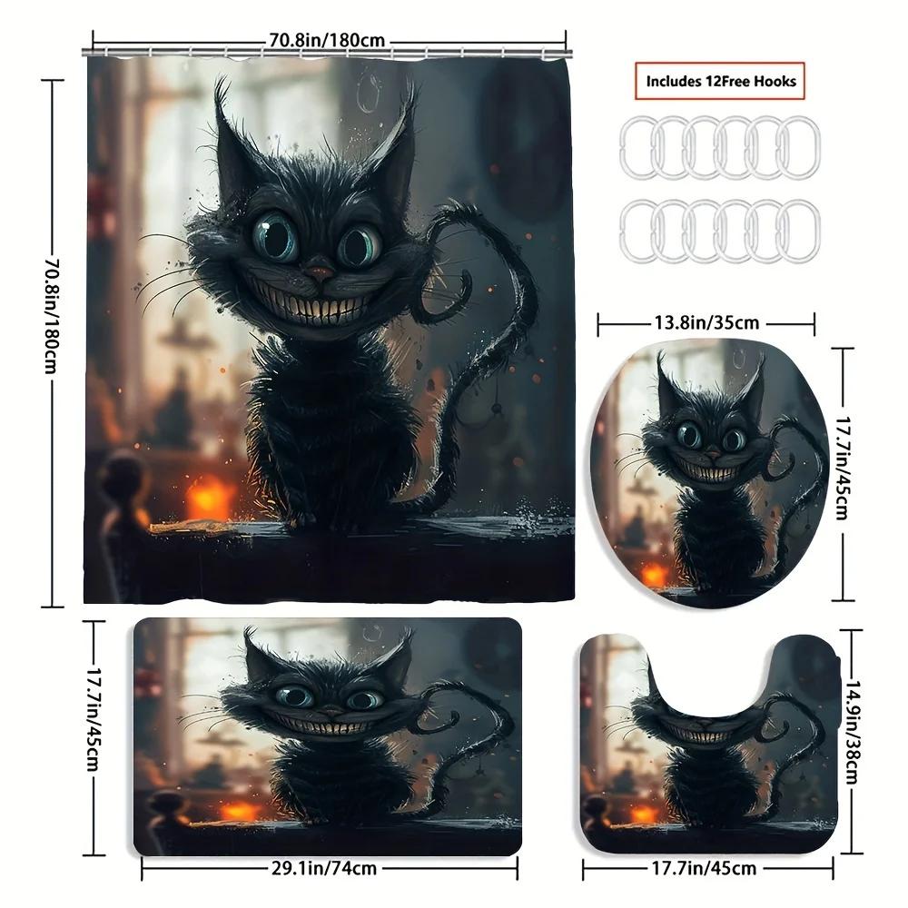 

Whimsical Black Cat Print Bathroom Set: Includes 12 Free Hooks, Waterproof Shower Curtain, Non-Slip Bath Mat, Toilet Seat Cover, W60H190(CM)-1 Pcs