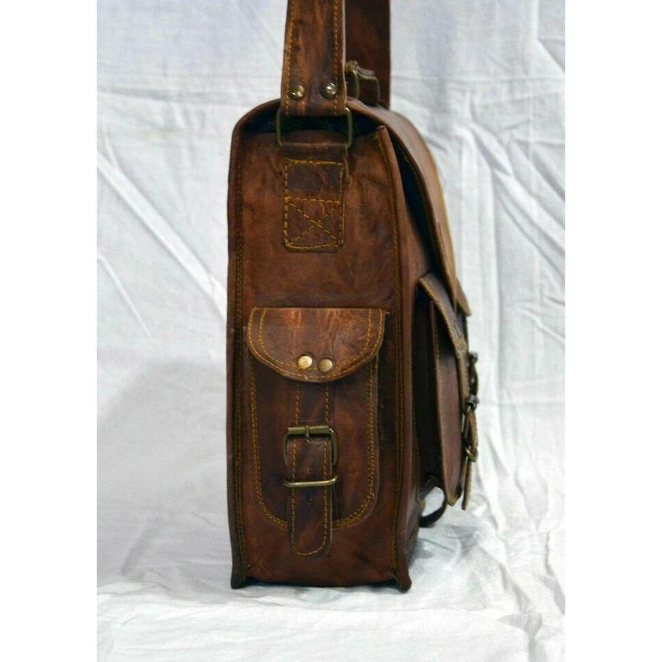 Men's Genuine Vintage Fat Stich Leather Messenger Shoulder Laptop Bag Briefcase