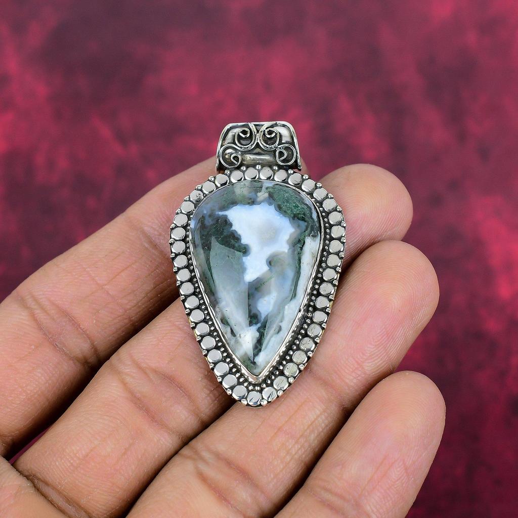 Moos Achat Anhänger, Edelstein Schmuck 925 Sterling Silber Anhänger, Geschenk für Frauen handgefertigter Anhänger