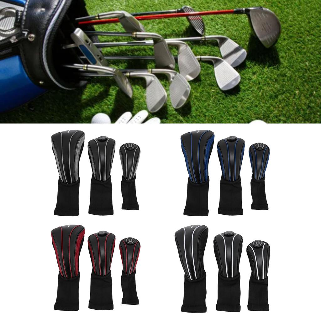 3pcs Club Head Cover with Spare Number Plates Long Neck Scratch Proof Breathable PU Club Headcover F