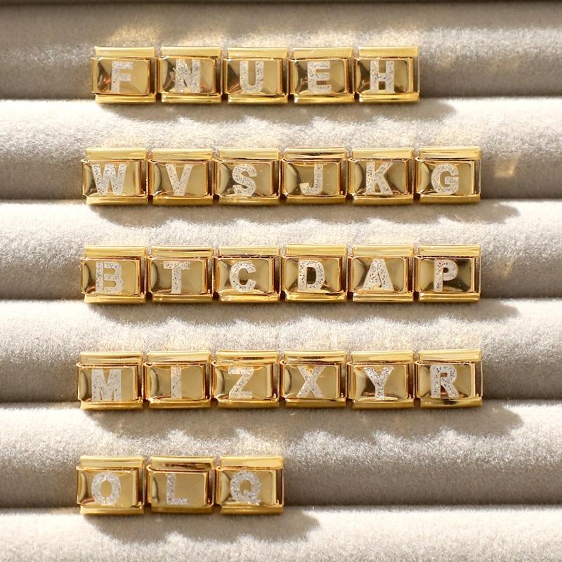 Fashion Golden 26 Letters A-Z Italian Links Charm Beads 9mm Stainless Steel Bracelet Jewelry DIY Hand Making