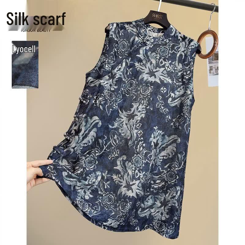 Women s Retro Floral Linen Blend Sleeveless Top L