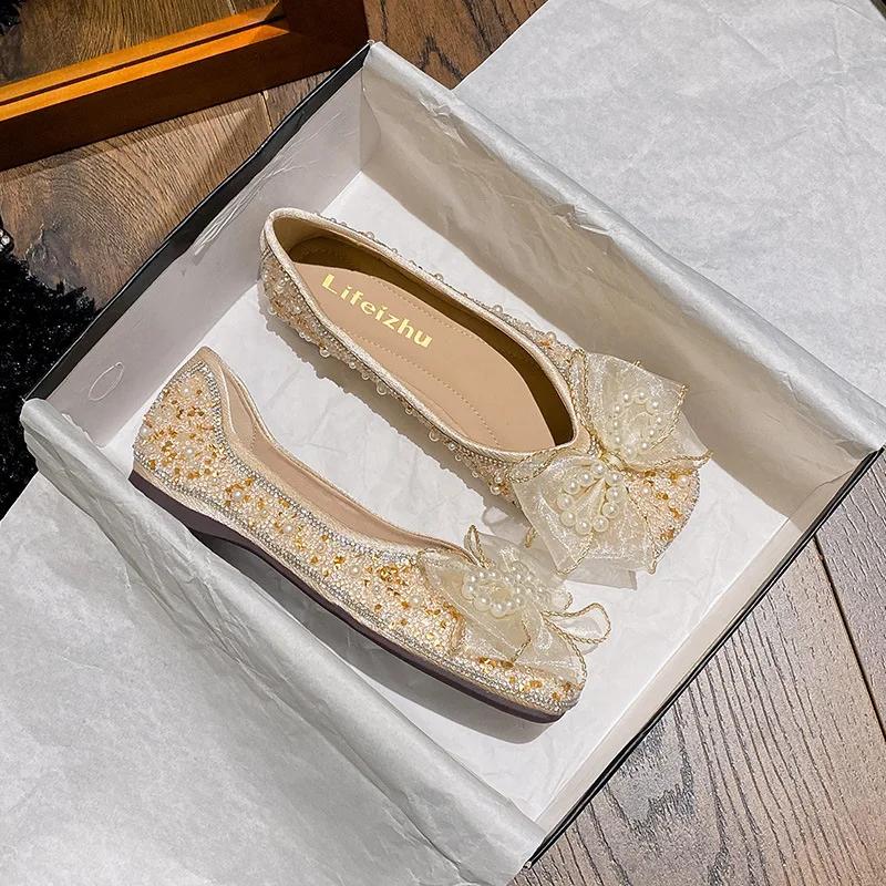 Neue Mode Damenschuhe Flach Frühling Sommer Kristall Schleife Runde Spitze Bootsschuhe Mädchen Große Größe Slipper Loafer