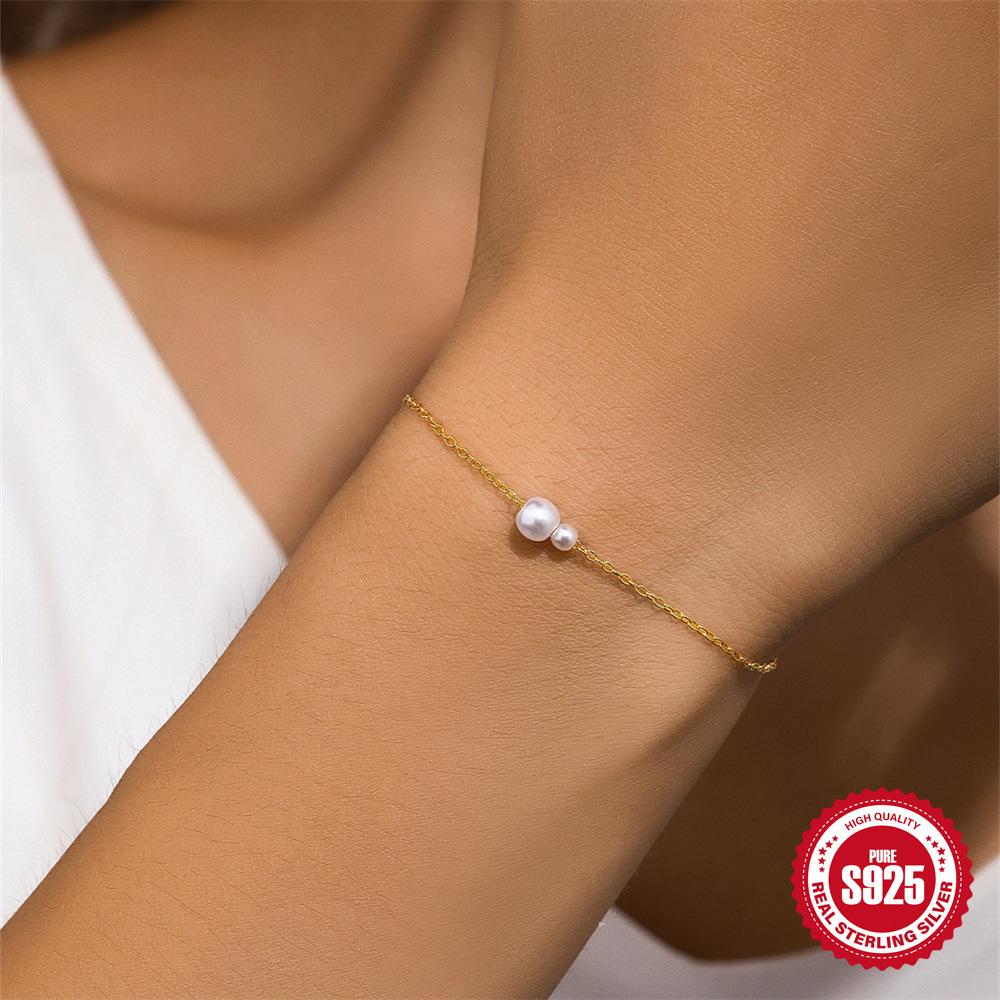 S925 Sterling Silver Slidable Bracelet Women'S Ins Wind Niche High Sense Irregular Size Pearl Bracelet Bracelet