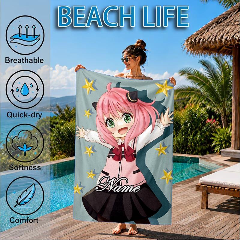 Custom Name Pink Hair Anya Beach Towel Microfiber Beach Towel, Lightweight and Quick-Dry, for Summer Travel, Swimming Pool Gift