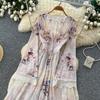 Summer Bohemian Printed Maxi Dress Women Deep V Neck Long Sleeve Lace Trim Cuff High Waist A‑Line Flowy Holiday Party Dress