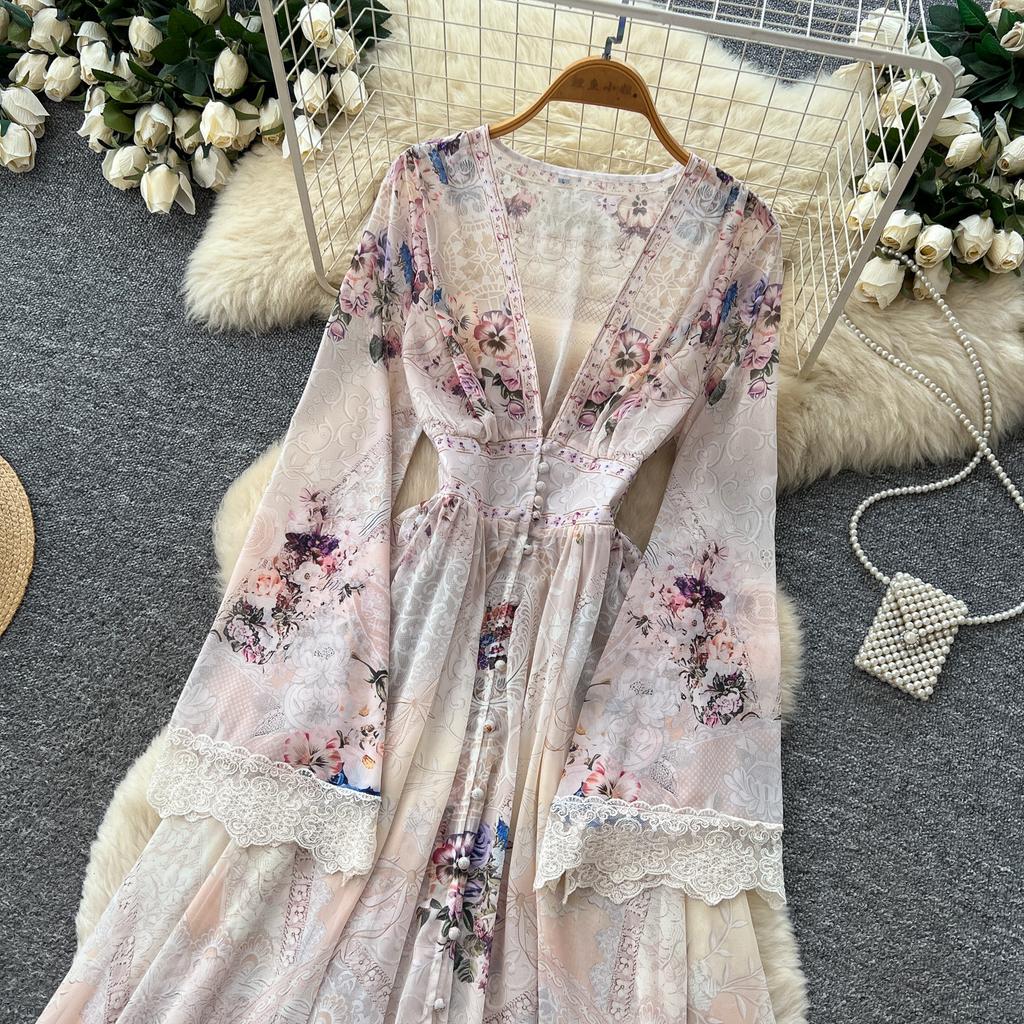 Summer Bohemian Printed Maxi Dress Women Deep V Neck Long Sleeve Lace Trim Cuff High Waist A‑Line Flowy Holiday Party Dress