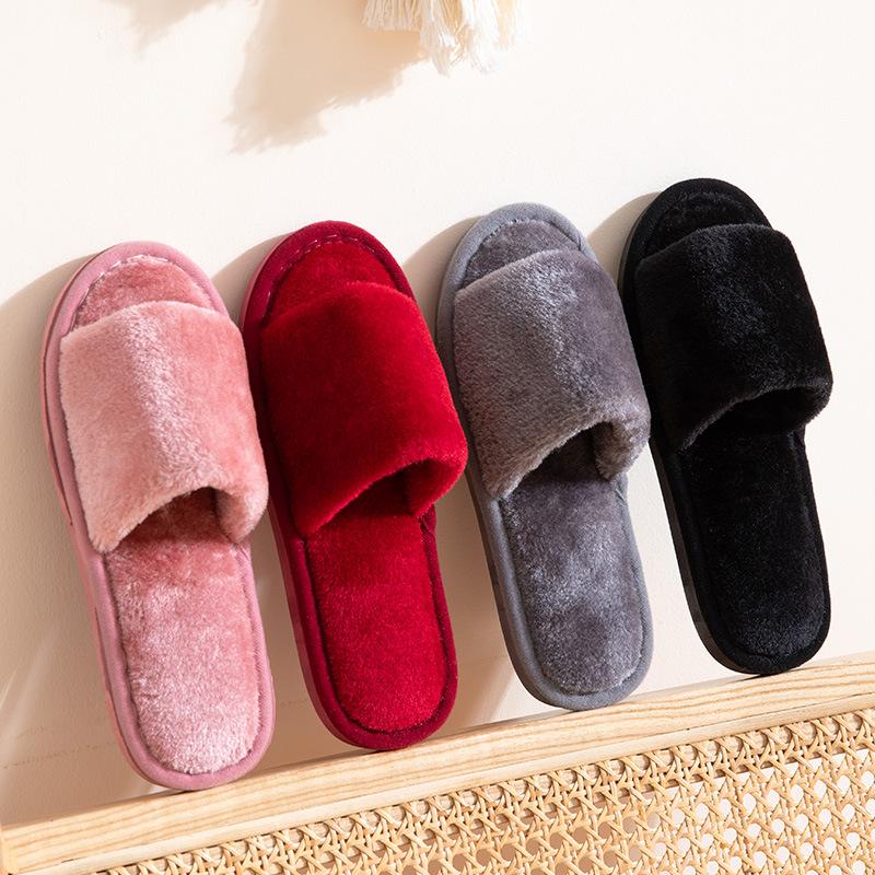 Autumn and Winter Home Warmth One-word Fluffy Slippers Korean Version Indoor Home Slip-resistant Cotton Slippers