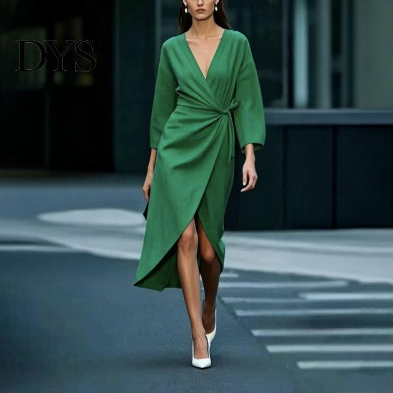 Women Midi Dresses Summer Deep V-Neck Dress, Ruffle Slim Waist Long Comfortable Dress Sleeves Solid Color Wrap for Daily Wear Party Breathable