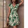 Summer New, Leaf Print Dress V-neck Flying Sleeve Casual Vacation Dress