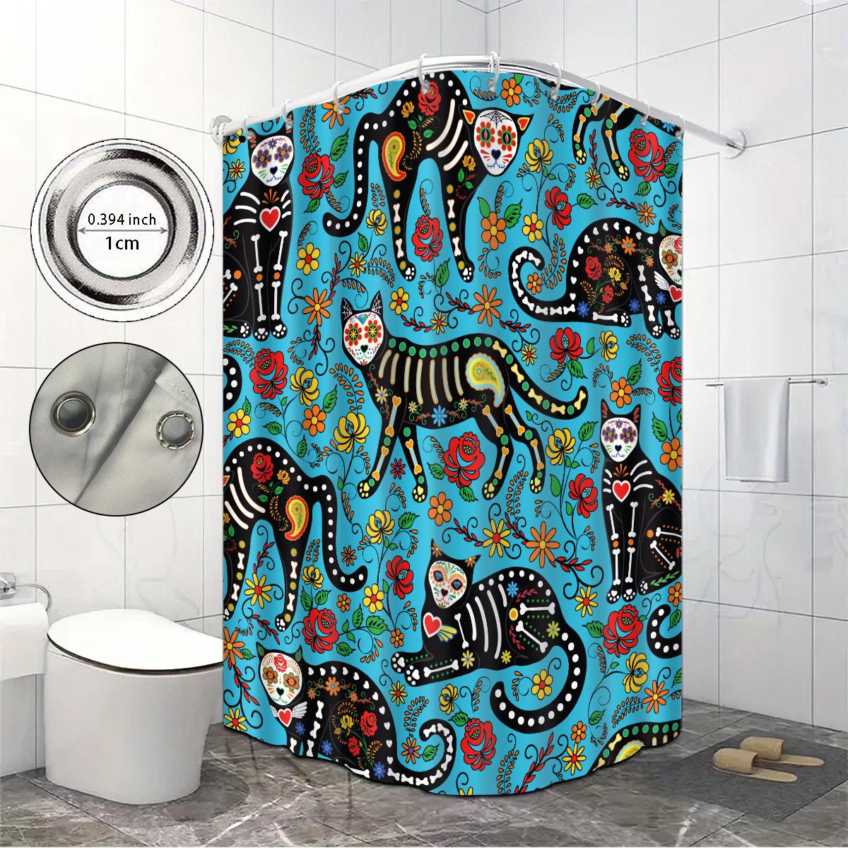 

1Pc Dia De Muertos Print Waterproof Shower Curtain Partition Privacy Hanging Curtain With 12 Hooks For Easy Installation 90x180cm