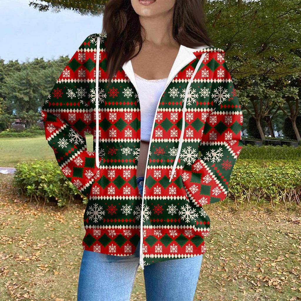 Women's Casual Fashion Long Sleeve Zipper Printed Hooded Sweatshirt