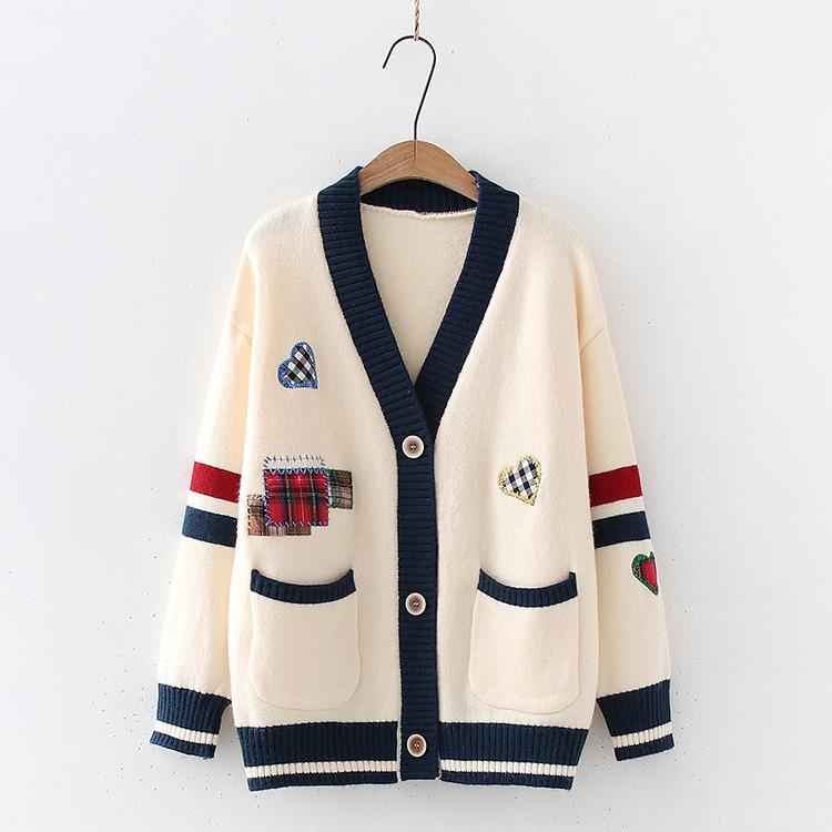 Embroidered Sweater Women's Coat Autumn and Winter Loose Knit Cardigan Long Sleeved Thick V - Neck Coat