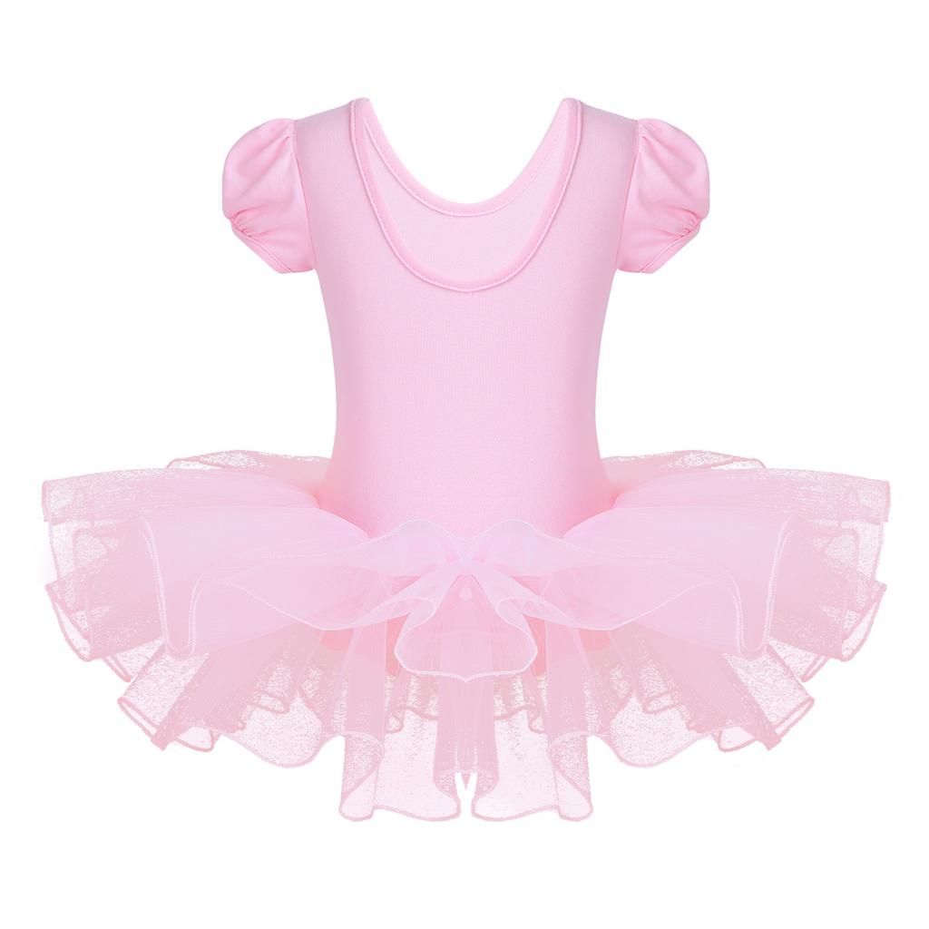 Kids Girls Dance Short Sleeves Ballet Mesh Tutu Dress Child Dancewear Costumes