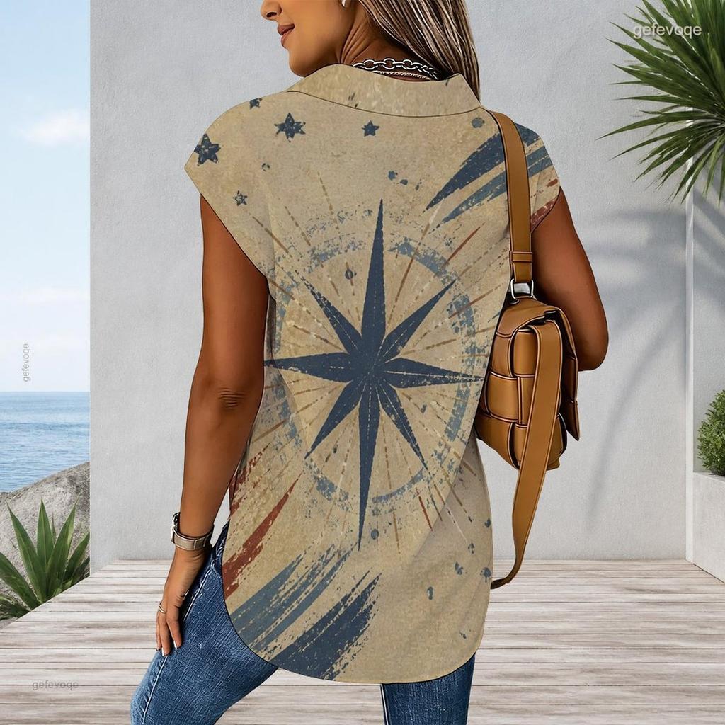 Women Plus Size Cap Sleeve Button Front Tunic Dress Pink Crystal Diamond Heart Print Curved Hem Casual Shirt Blouse