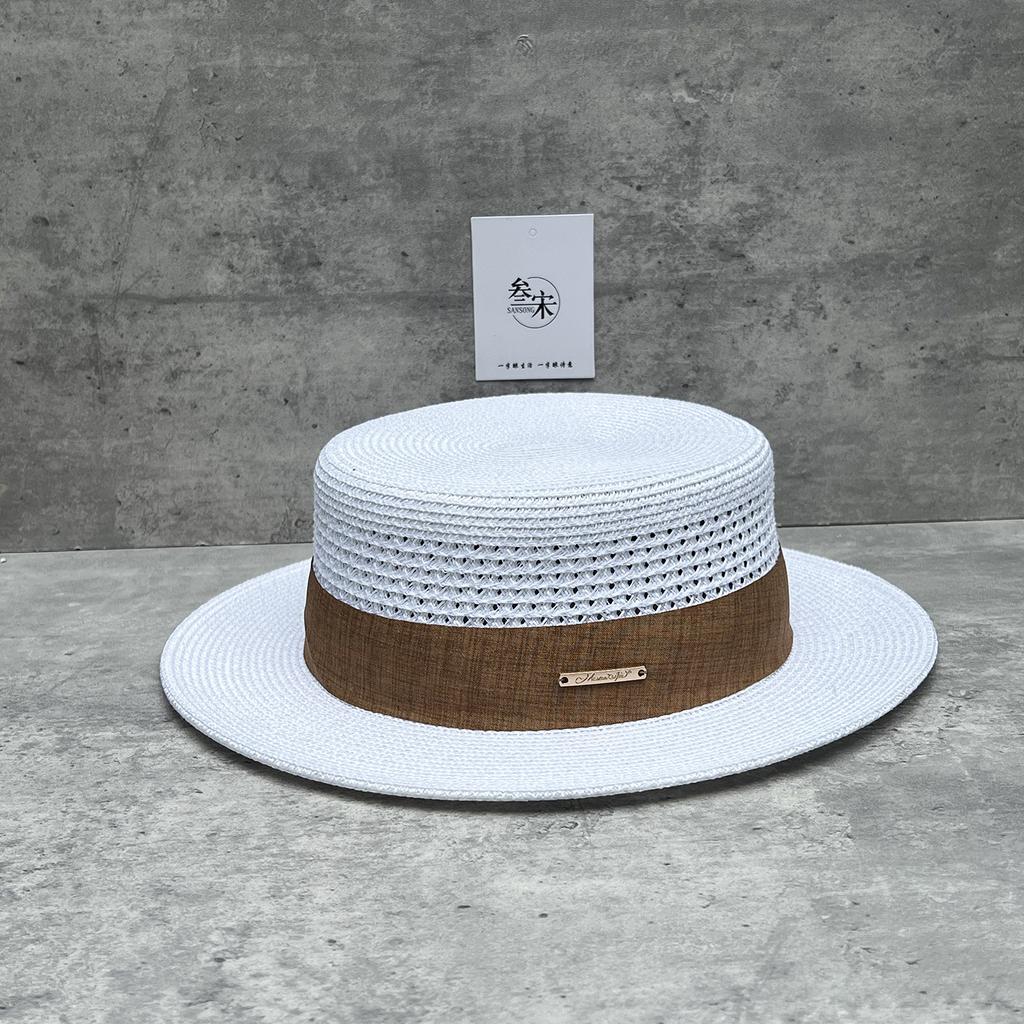 25 Straw Hollow Flat Top Straw Hat Men'S And Women'S Summer Seaside Vacation Beach Sun Hat Elegant Temperament Top Hat