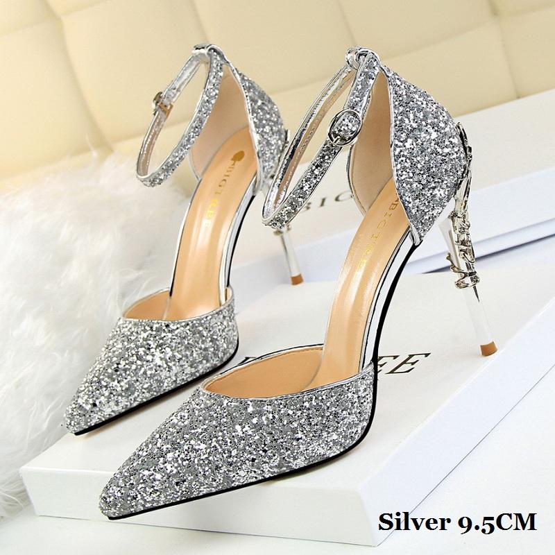 Bigtree European and American Fashion Sexy Hollow Out Nightclub Show Metal Heel  9.5cm High Heel Sparkle Sequins with Sandals