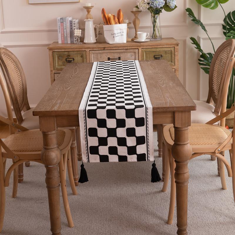 Geometric Fringed Dining Table Tablecloth Polyester Color Woven Jacquard Black And White Checkerboard Flower Table Flag
