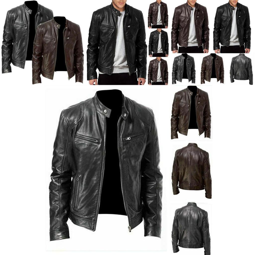 Classic Men's Faux Leather Jacket With Stand Collar For A Sleek Motorcycle Biker Look