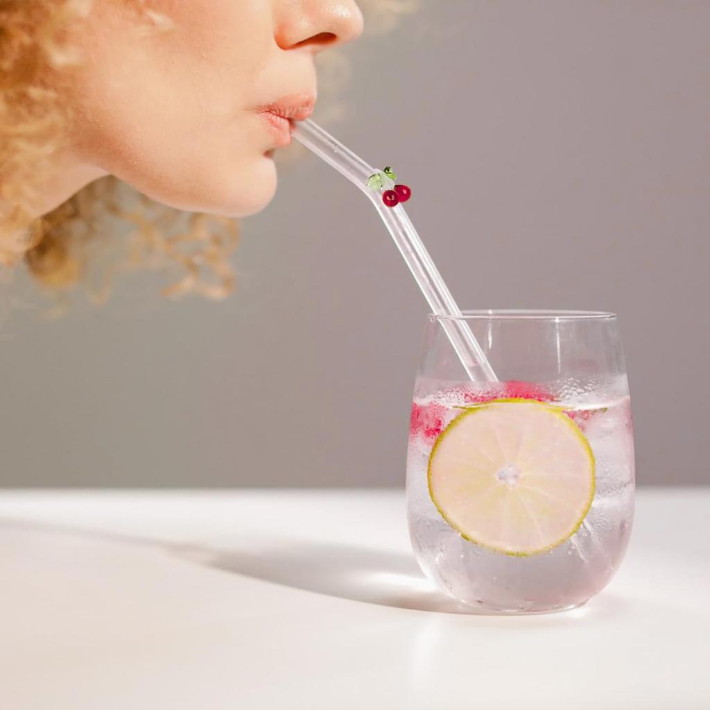 1/2/5Pcs/set Reusable Straws Clear Glass Straws Colorful Cherry Design with 1 Cleaning Brush for Smoothies, Milkshakes, Juices,