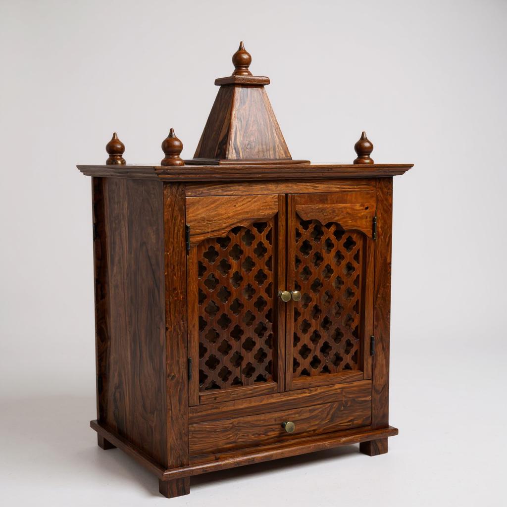 Solid Sheesham Wood Pooja Mandir | Indian Temple for Home | Handcrafted Wooden Mandir with Drawer & Jali Doors | Ethnic Hindu Altar Shrine