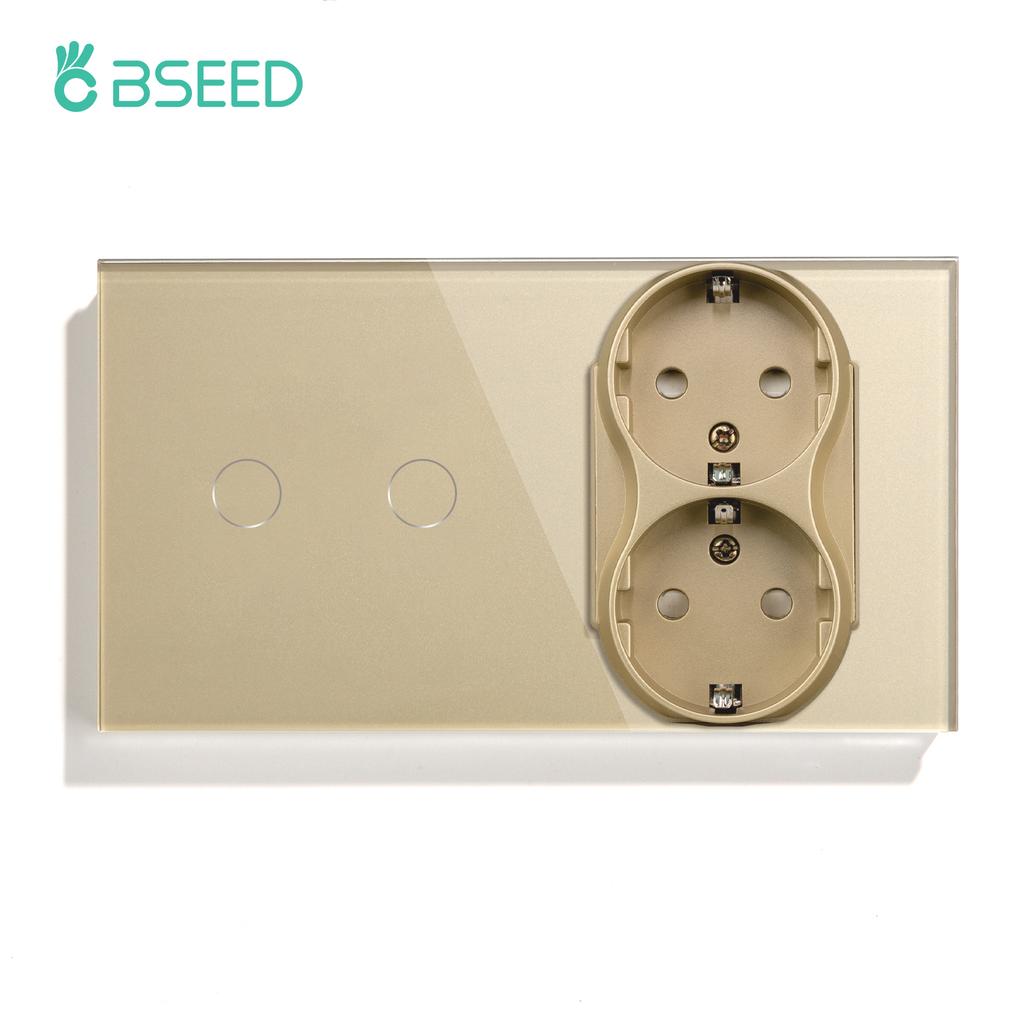 BSEED 1/2/3Gang Touch Light Switches 1Way With Dual Wall Sockets EU Standard Blue Backlight Glass Panel Gold