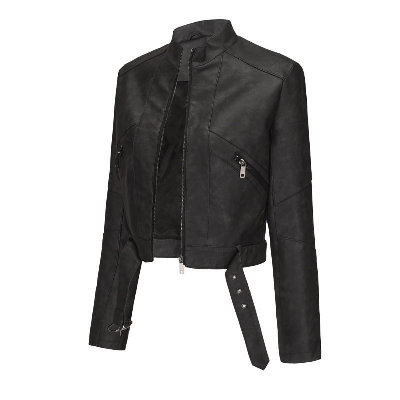 Womens PU Leather Moto Jacket With Belt Long Sleeve Zipper Coat Casual Outerwear