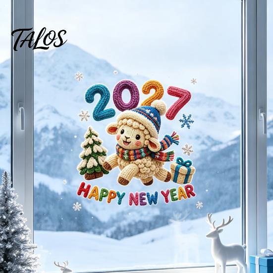 Winter Theme Glass Decor Chinese New Year Window Stickers, 2027 Goat Static Clings, Reusable Non Adhesive Film Crochet Knit Lamb Decals, for Home Shop