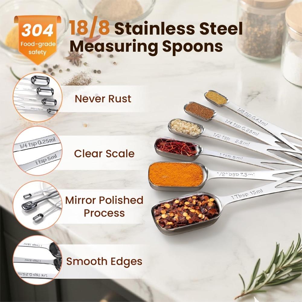 6pcs/set Food-grade Stainless Steel Measuring Spoon Anti-Scratch Sugar Coffee Powder Spice Scoop for Home Baking Daily Cooking