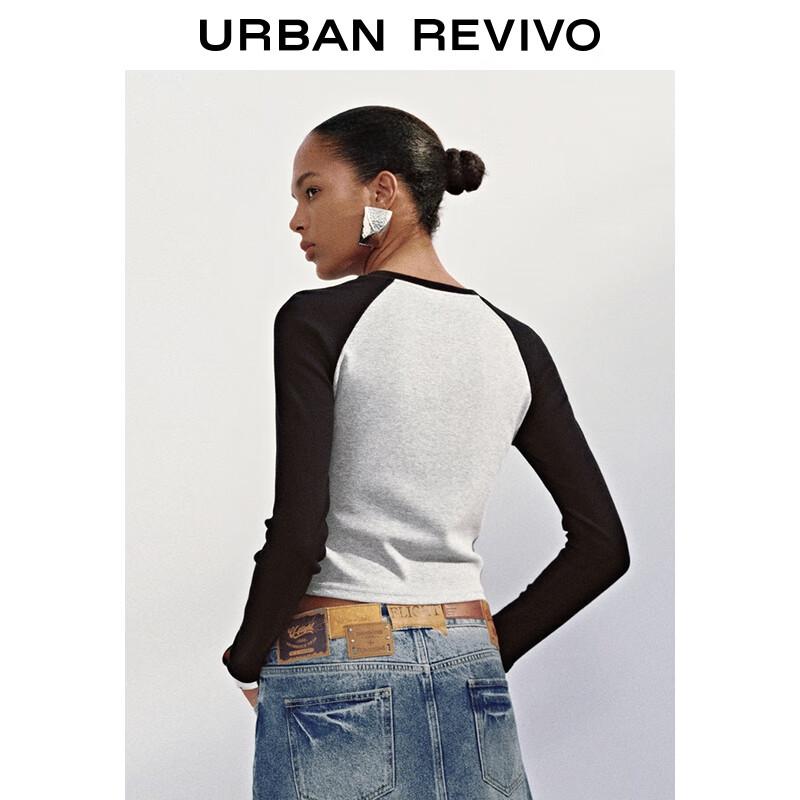 UR 2025 Women's Retro Print Color-block Slim-fit T-shirt