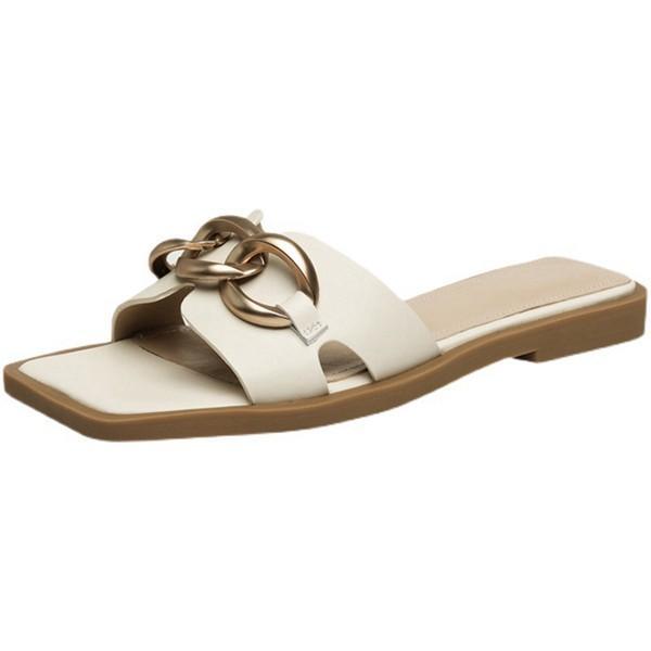 Mule Sandals Flat Square Toe Women s Slippers Open Toe Heelless Metallic Style Summer Stylish Office Wear Resistant Anti-Slip