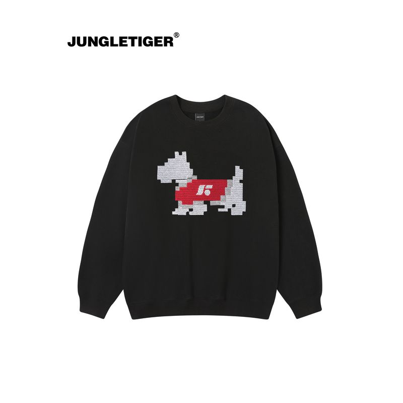 Jungle Tiger Fun Cross-Stitch Puppy Crewneck Sweatshirt for Men, Street Style, 420g Heavyweight Thickened Couple's Top for Women