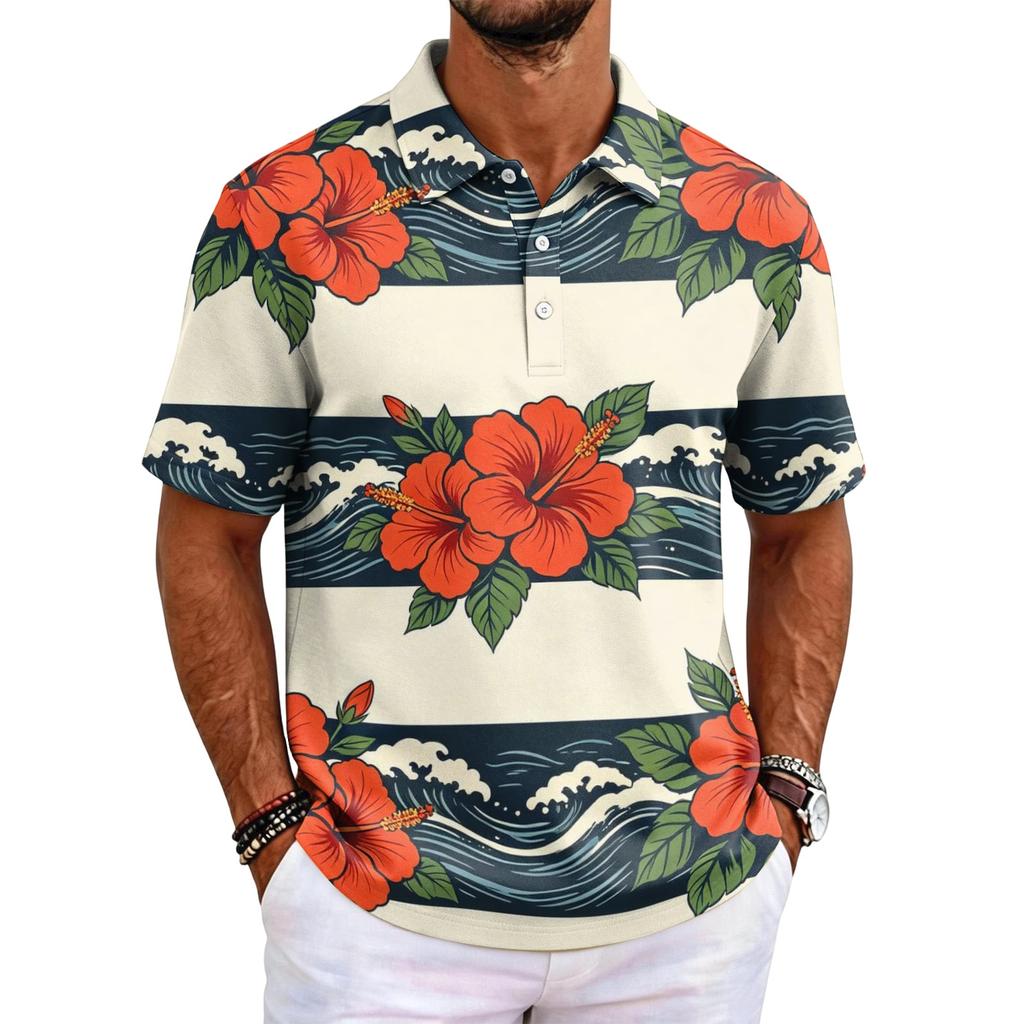 Men's Short Sleeve Polo Shirt Hawaiian Style Loose Fit Casual Top with Print and Classic Collar for Daily Wear